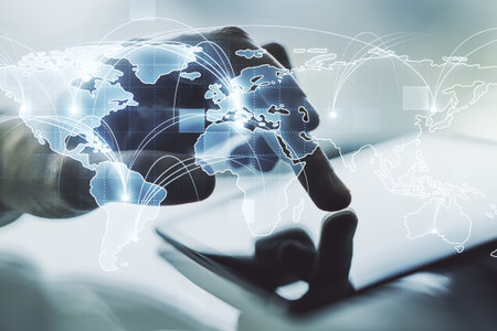 Abstract graphic digital world map with connections and finger presses on a digital tablet on background, globalization concept. Multiexposureの写真素材