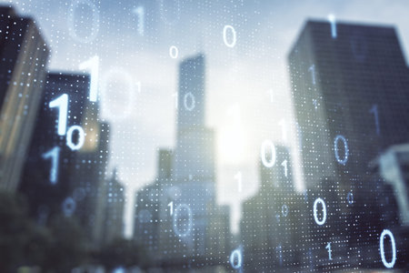 Abstract virtual binary code hologram on modern architecture background, AI and machine learning...