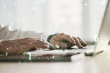 Multi exposure of abstract programming language hologram with world map and hands typing on computer...