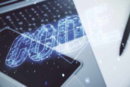 Creative Code word sign on modern computer background, international software development concept....