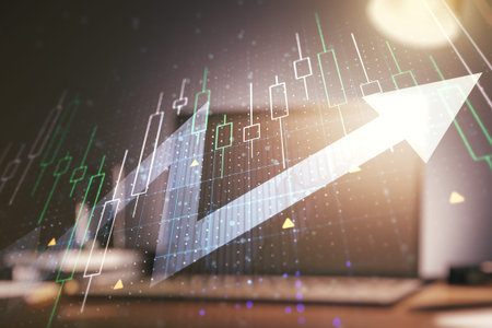Multi exposure of abstract financial diagram with upward arrow on computer background, rise and...
