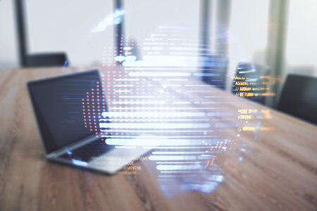 Multi exposure of abstract programming language hologram with world map on computer background,...