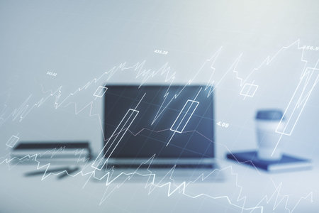 Multi exposure of abstract creative financial chart on computer background, research and analytics...