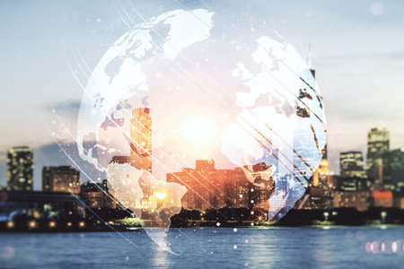 Multi exposure of abstract graphic world map on Chicago cityscape background, big data and...