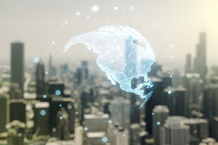 Digital map of North America hologram on blurry skyscrapers background, global technology concept....