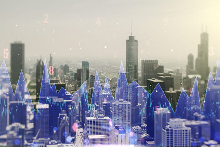Multi exposure of creative statistics data hologram on Chicago skyscrapers background, stats and...