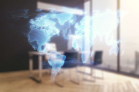 Multi exposure of abstract graphic world map and modern desktop with pc on background, big data and networking conceptの写真素材