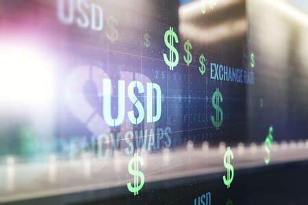 Double exposure of virtual USD symbols hologram on modern business center exterior background. Banking and investing conceptの写真素材