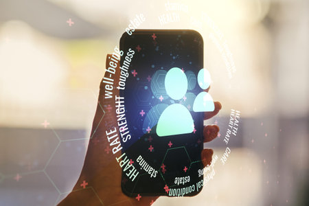 Double exposure of people icons hologram and hand with cell phone on background. Online insurance...