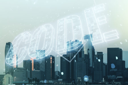 Code word hologram on Los Angeles cityscape background, international software development concept....