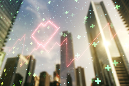 Abstract virtual concept of heart pulse illustration on office buildings background. Medicine and...