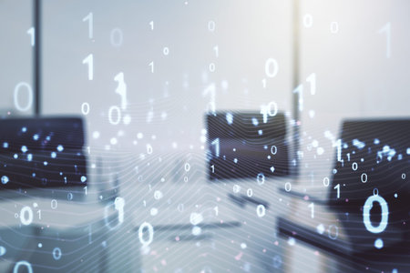 Creative concept of binary code illustration and modern desktop with computer on background. Big...