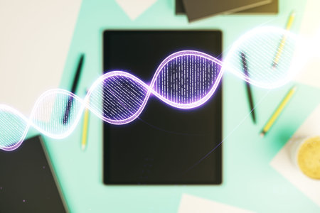 Creative concept with DNA symbol illustration and modern digital tablet on background, top view....