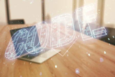 Creative Code word hologram on modern computer background, artificial intelligence and neural...