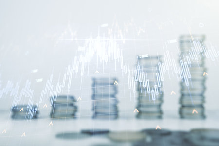 Multi exposure of abstract financial diagram and world map on growing coins stacks background, banking and accounting conceptの写真素材