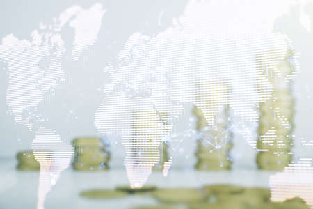 Multi exposure of abstract graphic world map on coins background, big data and networking conceptの写真素材