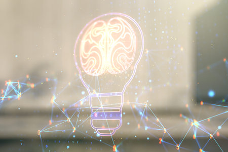 Double exposure of abstract virtual creative light bulb hologram with human brain on modern business...