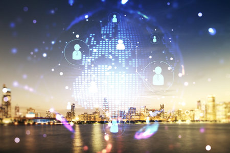 Virtual social network media hologram and world map on Chicago cityscape background. Double exposure
