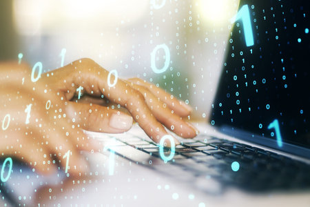 Creative abstract binary code sketch and hands typing on computer keyboard on background, hacking...