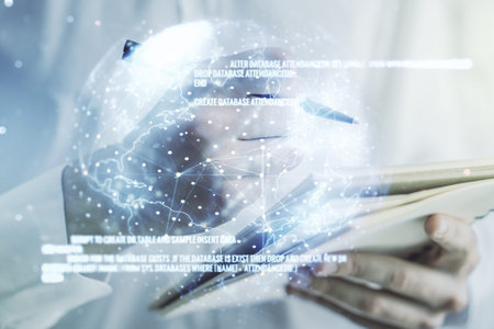 Multi exposure of abstract programming language hologram with world map and man hand writing in...