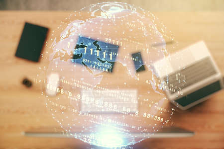 Multi exposure of abstract graphic coding sketch with world map on modern computer background, big data and networking conceptの写真素材