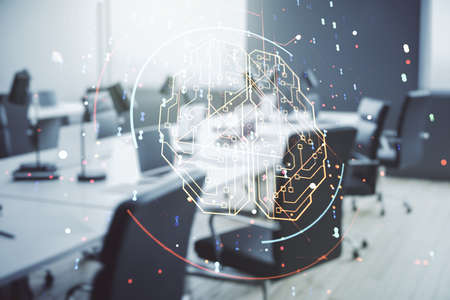 Virtual creative artificial Intelligence hologram with human brain sketch on a modern furnished office background. Multiexposureの写真素材