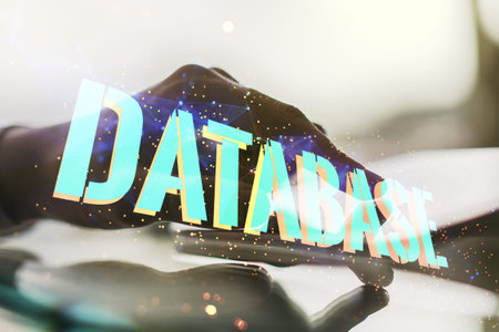Double exposure of Database word sign with finger clicks on a digital tablet on background, global...