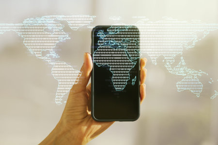 Multi exposure of abstract graphic world map and hand with mobile phone on background, big data and...