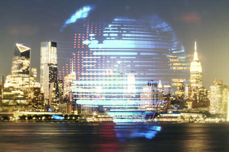 Multi exposure of abstract creative coding sketch and world map on New York city skyline background, artificial intelligence and neural networks conceptの写真素材