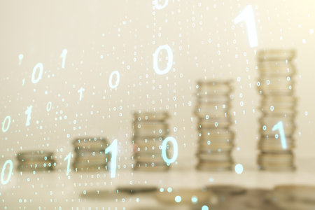 Abstract virtual binary code sketch on growing coins stacks background, hacking and matrix concept. Multiexposureの写真素材