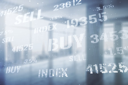 Multi exposure of abstract virtual financial graph hologram on empty corporate office background, forex and investment conceptの写真素材