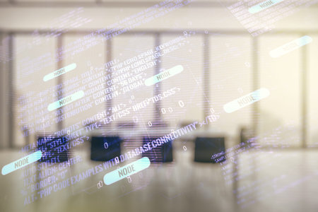 Multi exposure of abstract programming language hologram and world map on a modern furnished office...