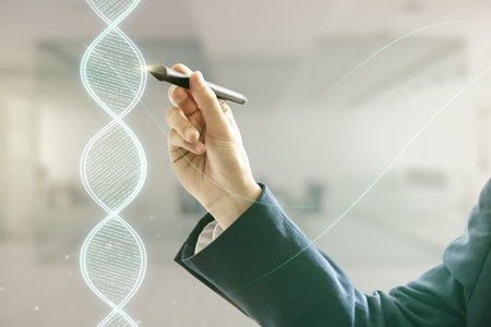 Man hand with pen working with DNA hologram on blurred interior background, science and biology concept. Multiexposureの写真素材