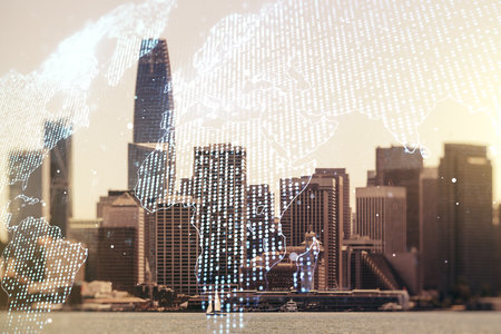 Double exposure of abstract digital world map hologram on San Francisco office buildings background, big data and blockchain conceptの写真素材