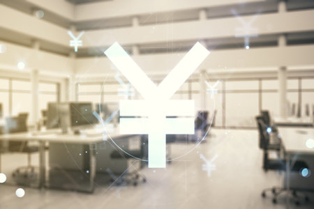 Abstract virtual Japanese Yen symbol illustration on a modern furnished office background. Trading and currency concept. Multiexposureの写真素材