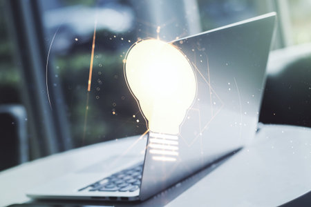 Creative light bulb illustration on modern computer background, future technology concept....