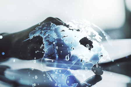 Double exposure of abstract creative programming illustration with world map and finger clicks on a digital tablet on background, big data and blockchain conceptの写真素材