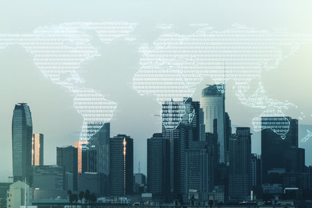 Multi exposure of abstract creative digital world map hologram on Los Angeles skyscrapers background, research and analytics conceptの写真素材