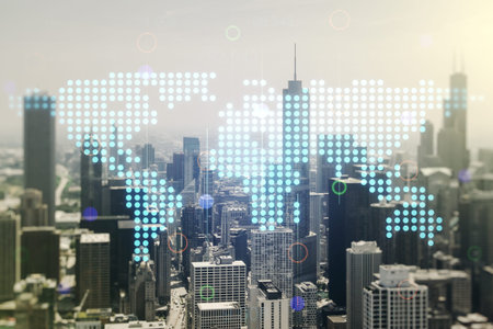 Multi exposure of abstract graphic world map hologram on Chicago office buildings background,...