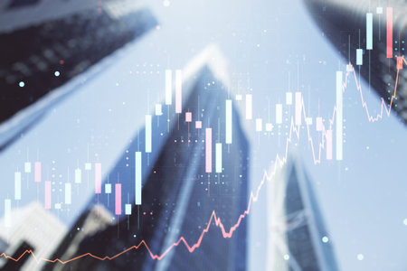 Multi exposure of abstract financial graph on office buildings background, financial and trading...