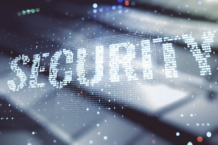 Virtual cyber security creative concept on blurry abstract metal background. Double exposureの写真素材