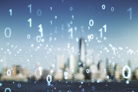 Abstract virtual binary code illustration on blurry skyline background. Big data and coding concept....
