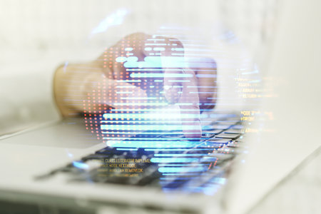 Abstract creative coding concept with world map and hands typing on laptop on background. Multiexposureの写真素材