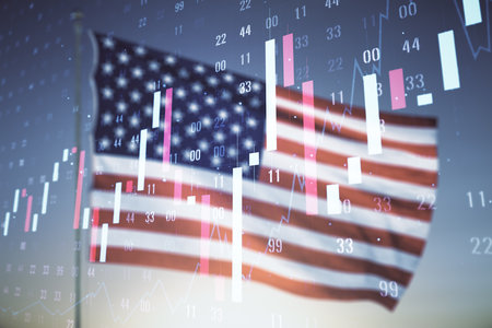 Abstract virtual financial graph hologram on USA flag and sunset sky background, forex and investment concept. Multiexposureの写真素材