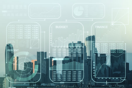 Abstract virtual analytics data spreadsheet on Los Angeles cityscape background, analytics and analysis concept. Multiexposureの写真素材
