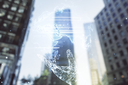 Double exposure of abstract digital world map on modern skyscrapers background, research and strategy conceptの写真素材