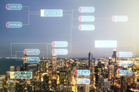 Multi exposure of abstract programming language hologram on Chicago office buildings background,...