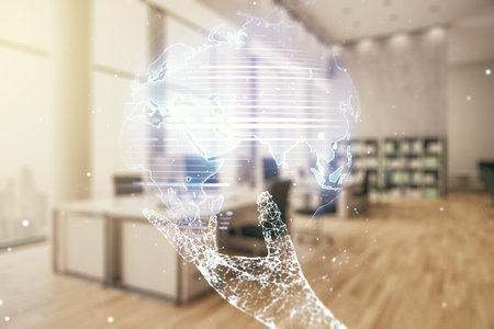 Abstract creative digital world map on a modern furnished classroom background, globalization concept. Multiexposureの写真素材