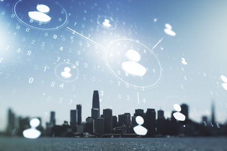 Double exposure of abstract virtual social network icons on San Francisco city skyscrapers...