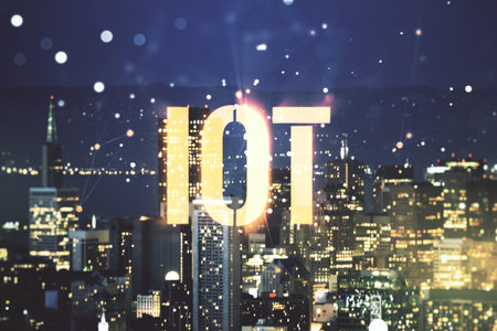 Creative IOT illustration on San Francisco cityscape background, future technology concept....